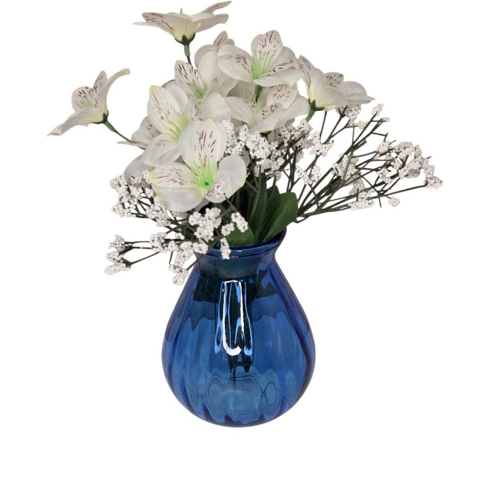 Blue Glass Bud Vase with White Floral Arrangement
